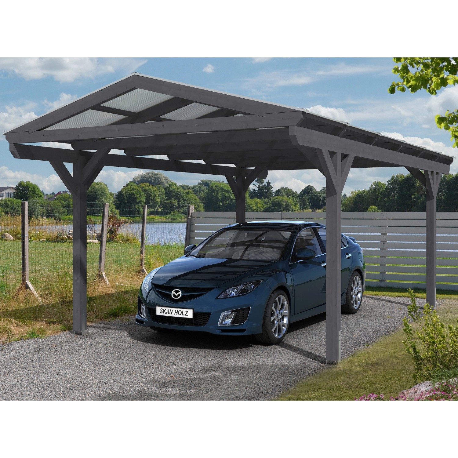 Skan Holz Carport Westerwald 362 cm x 648 cm gerade Kopfbänder Schiefergrau von Skan Holz