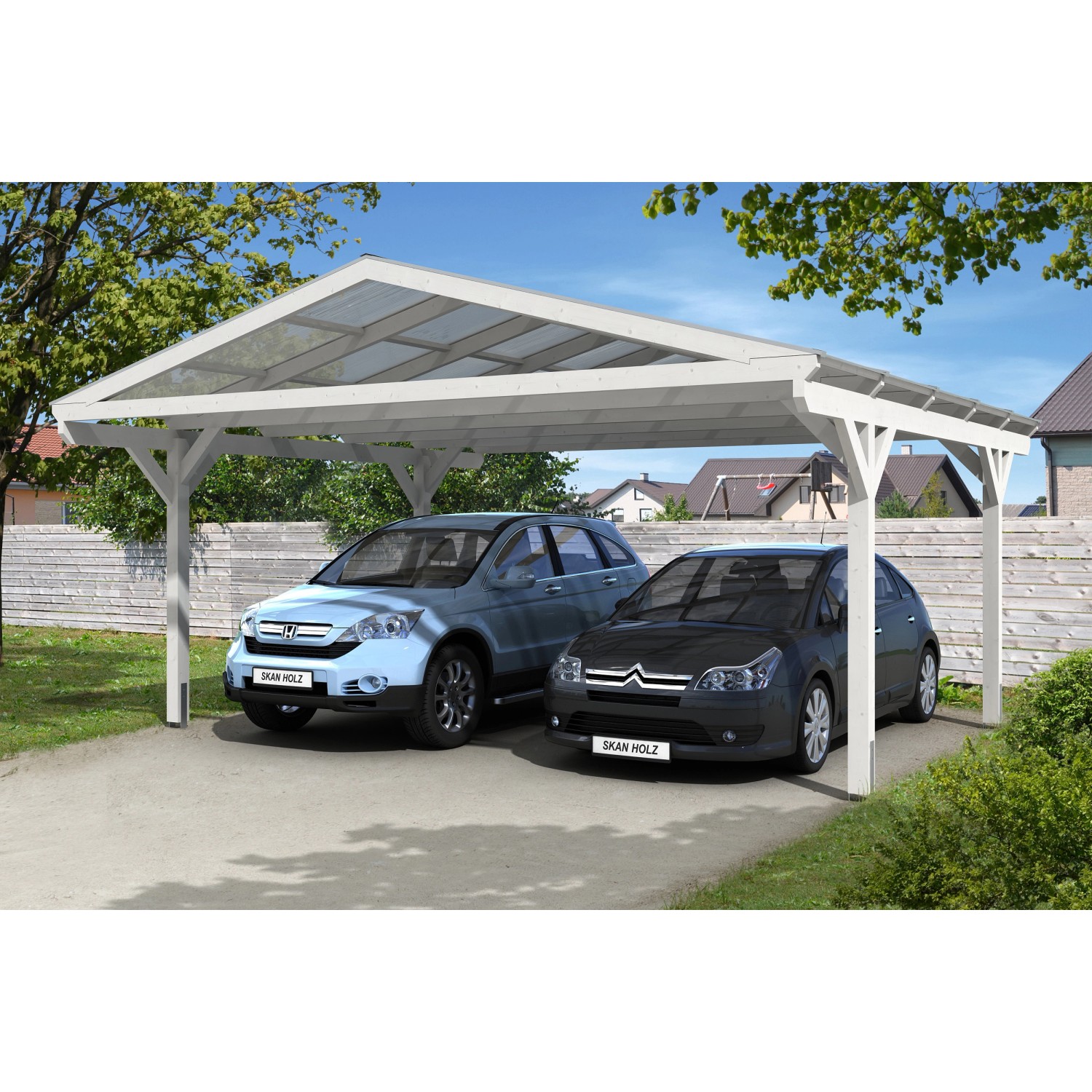 Skan Holz Carport Westerwald 570 cm x 541 cm gerade Kopfbänder Weiß von Skan Holz