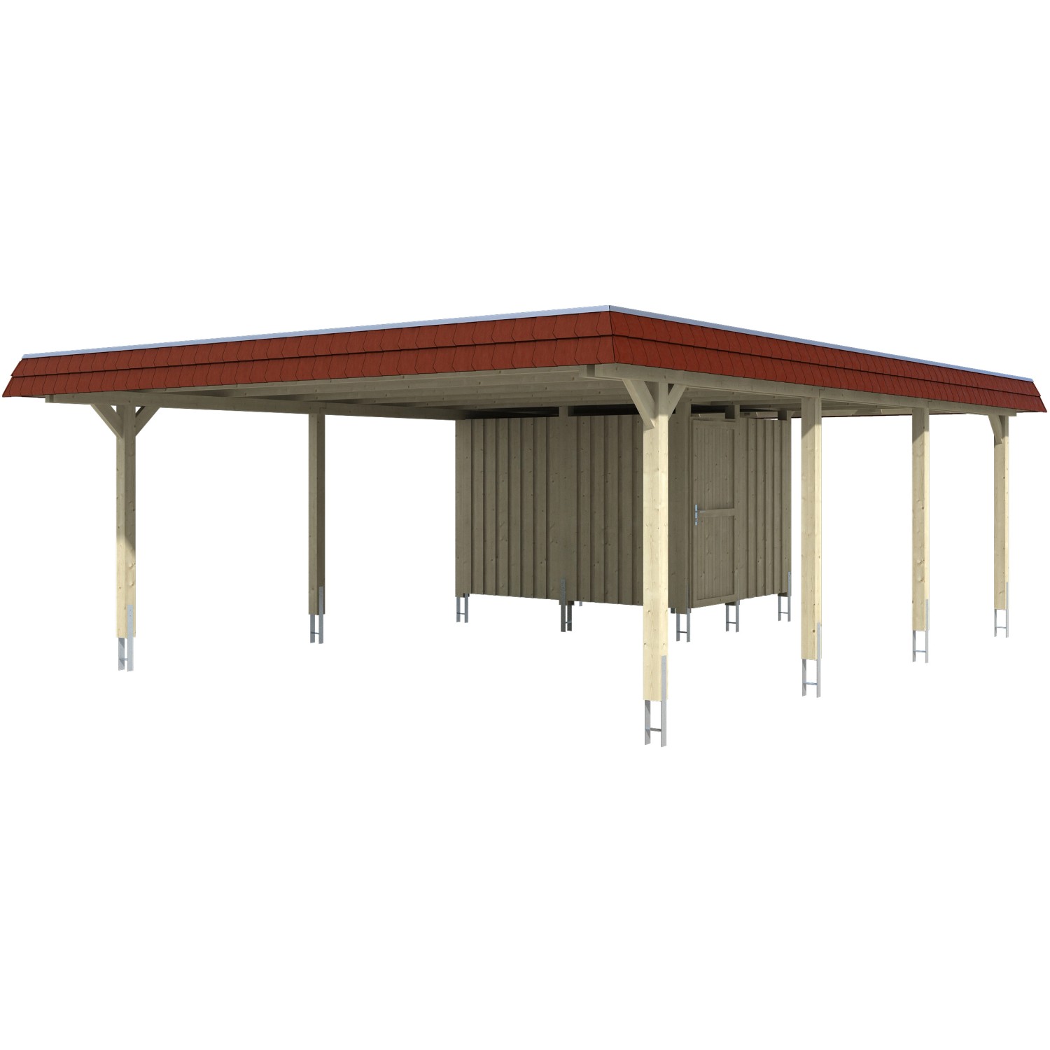 Skan Holz Doppelcarport Wendland Eiche hell +Anbau 630x879cm Alu-Dach Blende Rot von Skan Holz