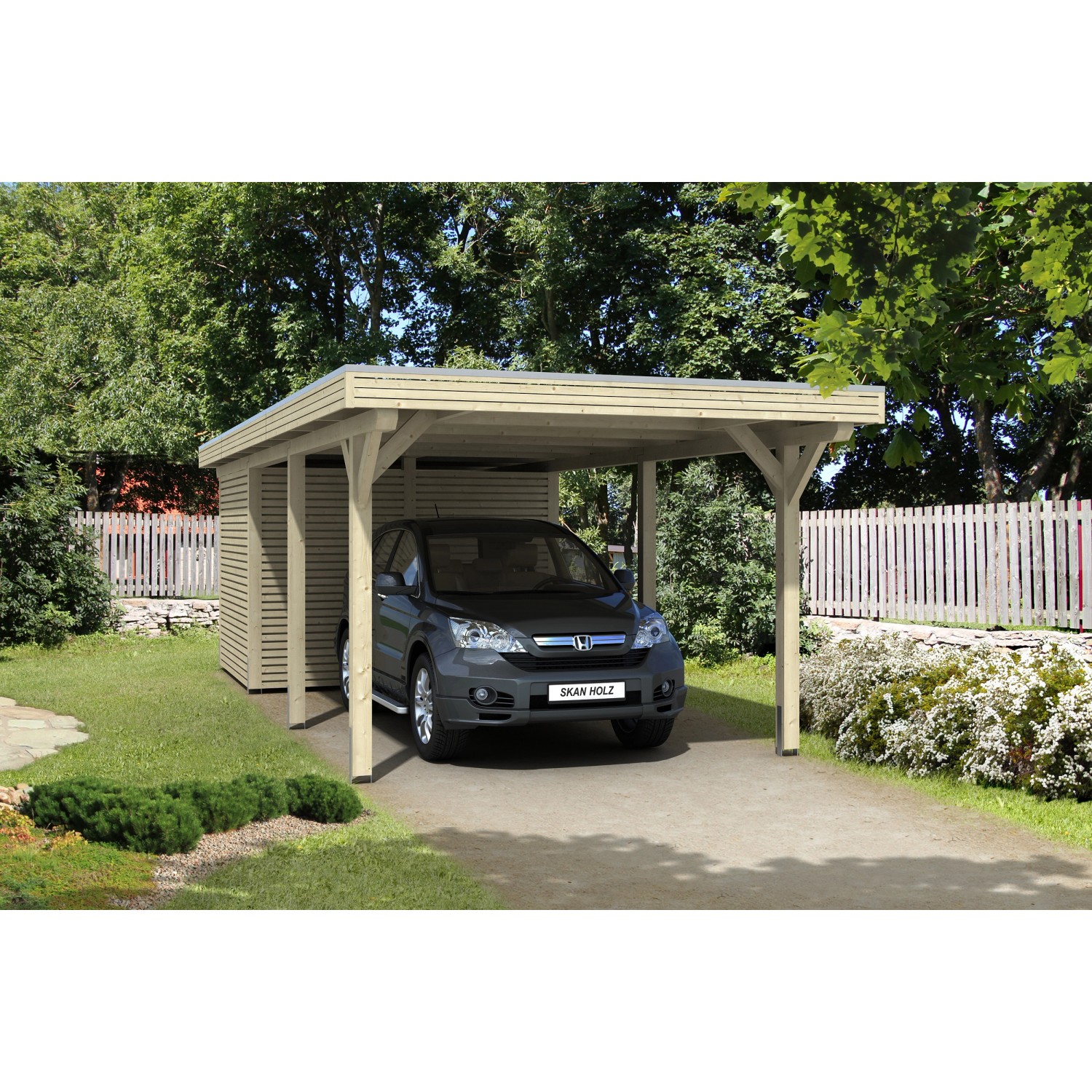 Skan Holz Flachdach-Einzelcarport Spessart 355 cm x 846 cm mit Abstellraum von Skan Holz