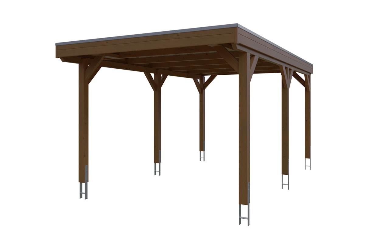 Skan Holz Grunewald - Flachdach Carport aus Leimholz Breite 321 cm Gr. 1 - 321 x 554 cm Aluminium Dachplatten mit Trapezprofil (unbehandelt) nussbaum Holzcarport von Skan Holz