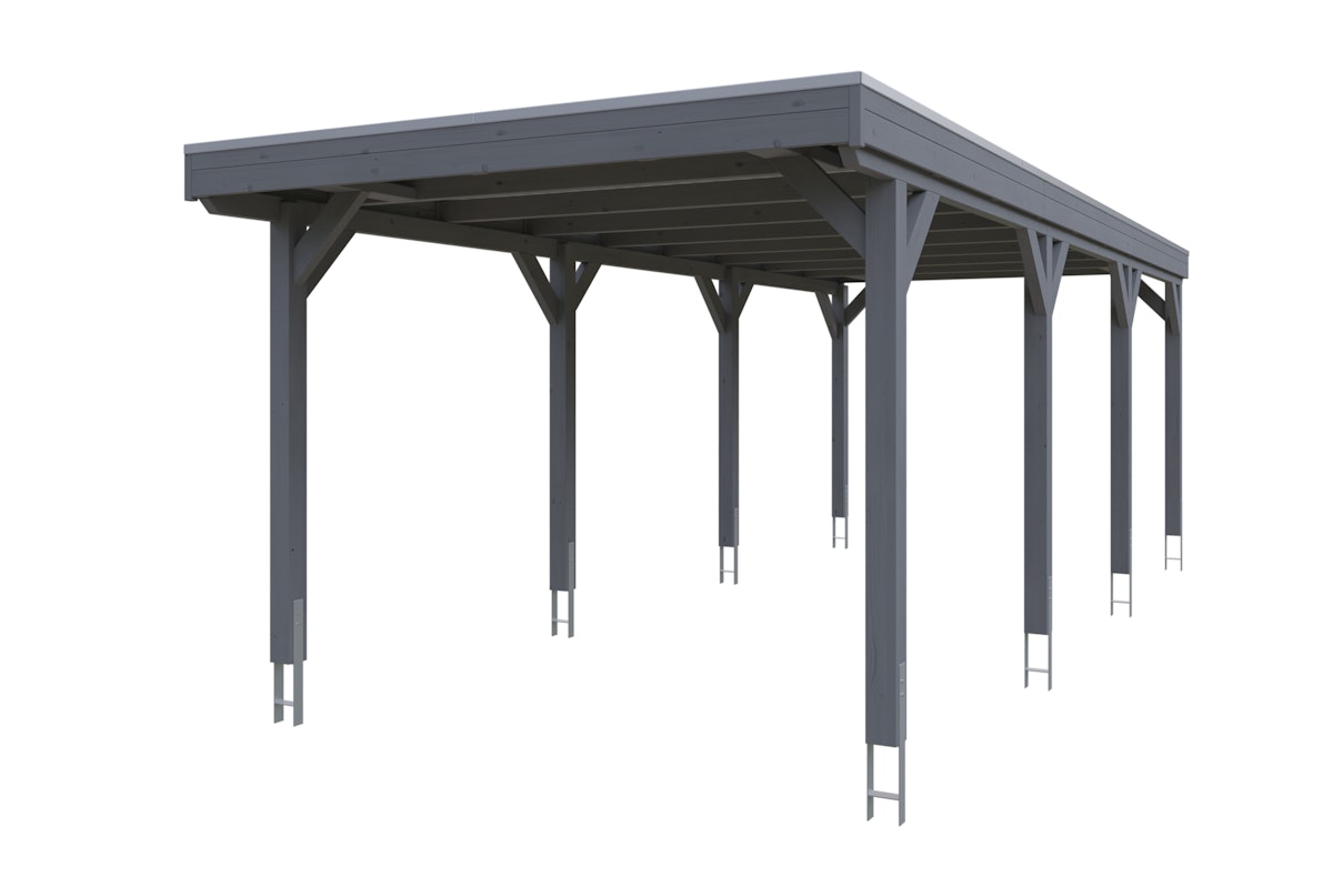 Skan Holz Grunewald - Flachdach Carport aus Leimholz Breite 321 cm Gr. 2 - 321 x 796 cm Aluminium Dachplatten mit Trapezprofil (unbehandelt) schiefergrau Holzcarport von Skan Holz