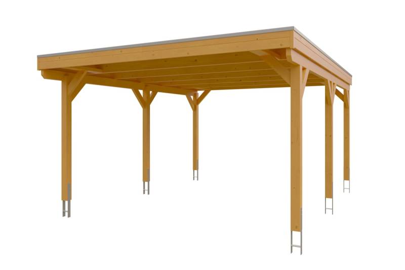 Skan Holz Grunewald - Flachdach Carport aus Leimholz Breite 427 cm Gr. 1 - 427 x 554 cm Aluminium Dachplatten mit Trapezprofil (unbehandelt) eiche hell Holzcarport von Skan Holz