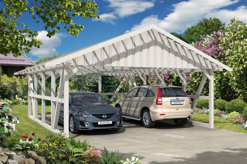 Skan Holz Schwarzwald Doppel 684x772cm Dachlatt.weiss mit Rückwand Holzcarport von Skan Holz