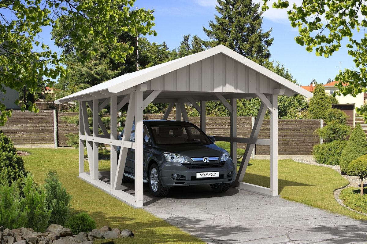 Skan Holz Schwarzwald Einzel 424x600cm Dachschalung weiss mit Rückwand Holzcarport von Skan Holz