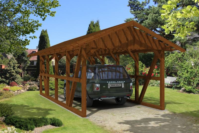 Skan Holz Schwarzwald Einzel 424x772cm Dachlattung nussbaum mit Rückwand Holzcarport von Skan Holz