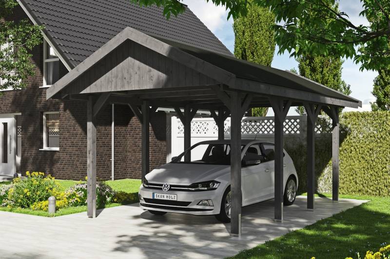 Skan Holz Wallgau - Satteldach Einzelcarport Breite 380 cm Gr. 0,5 - 380 x 500 cm Dachlattung nussbaum Holzcarport von Skan Holz