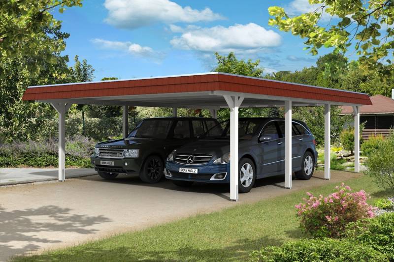 Skan Holz Walmdach Carport 630 cm rote Blende Größe 2 weiß Holzcarport von Skan Holz