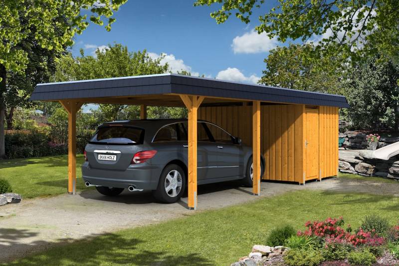 Skan Holz Walmdach Carport Breite 409cm mit Abstellraum eiche hell Holzcarport von Skan Holz