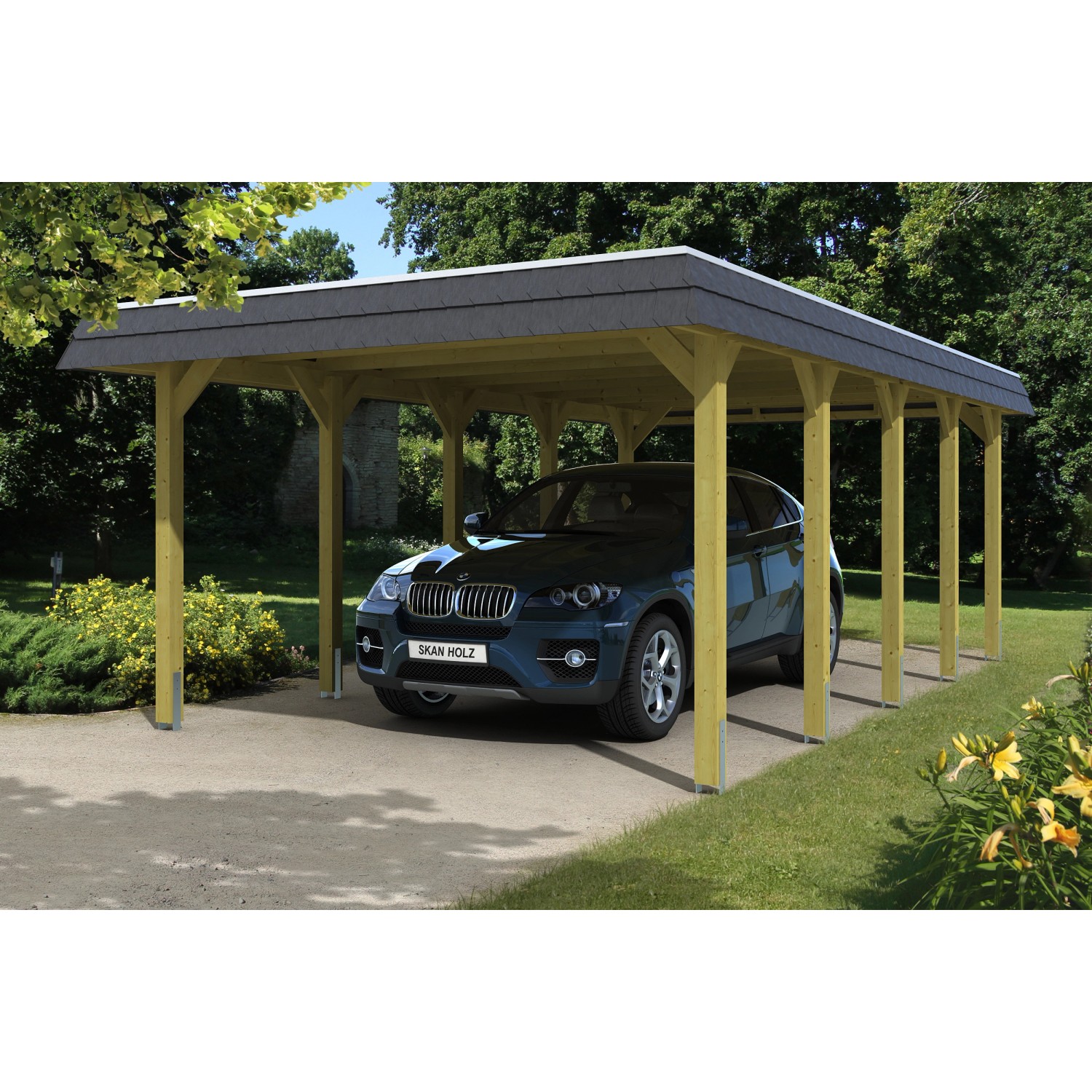 Skan Holz Walmdach-Carport Spreewald 396 cm x 741 cm Blende in Schwarz Skan Holz Walmdach-Carport Spreewald 396 cm x 741 cm Blende in Schwarz von Skan Holz