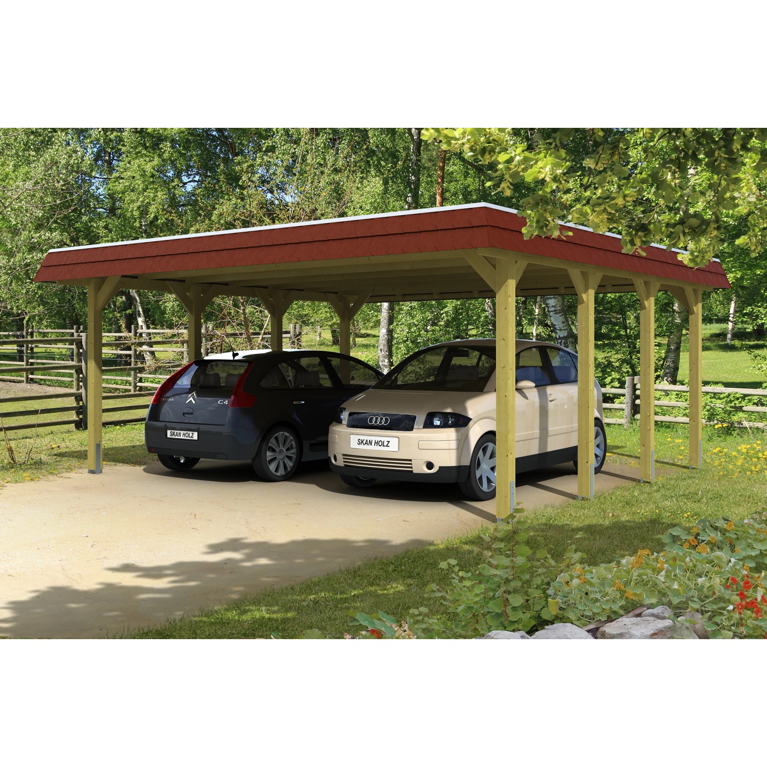 Skan Holz Walmdach-Doppelcarport Spreewald 585 cm x 589 cm Blende Rot von Skan Holz