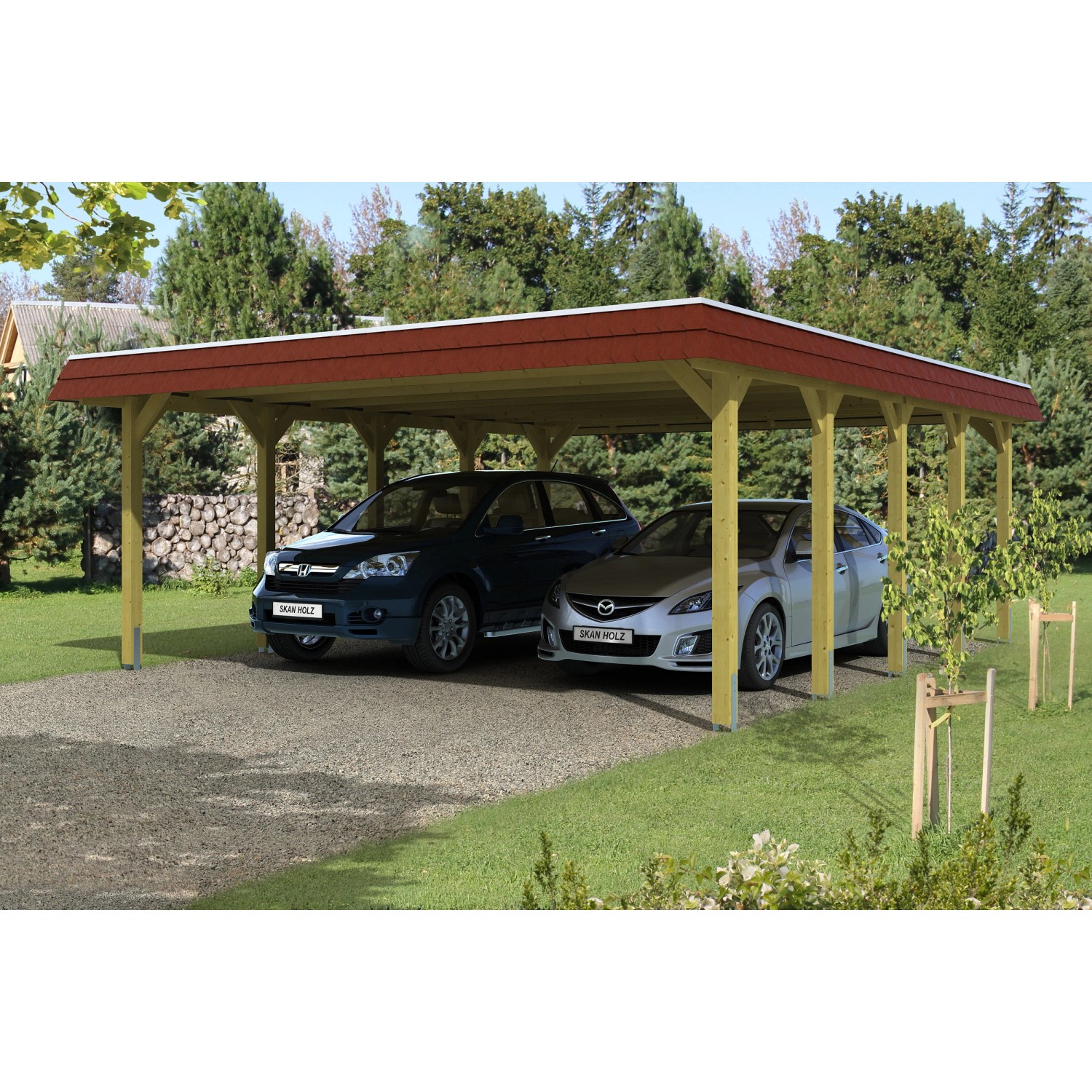 Skan Holz Walmdach-Doppelcarport Spreewald 585 cm x 741 cm Blende in Rot von Skan Holz