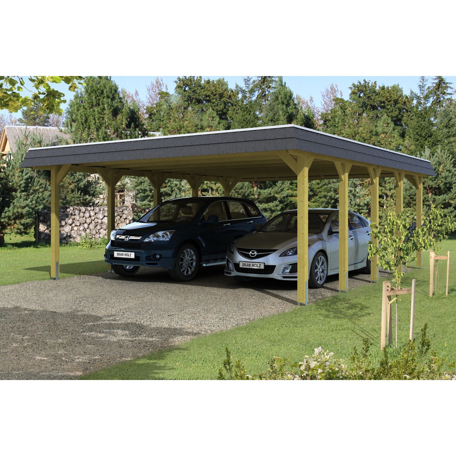 Skan Holz Walmdach-Doppelcarport Spreewald 585 cm x 741 cm Blende in Schwarz von Skan Holz