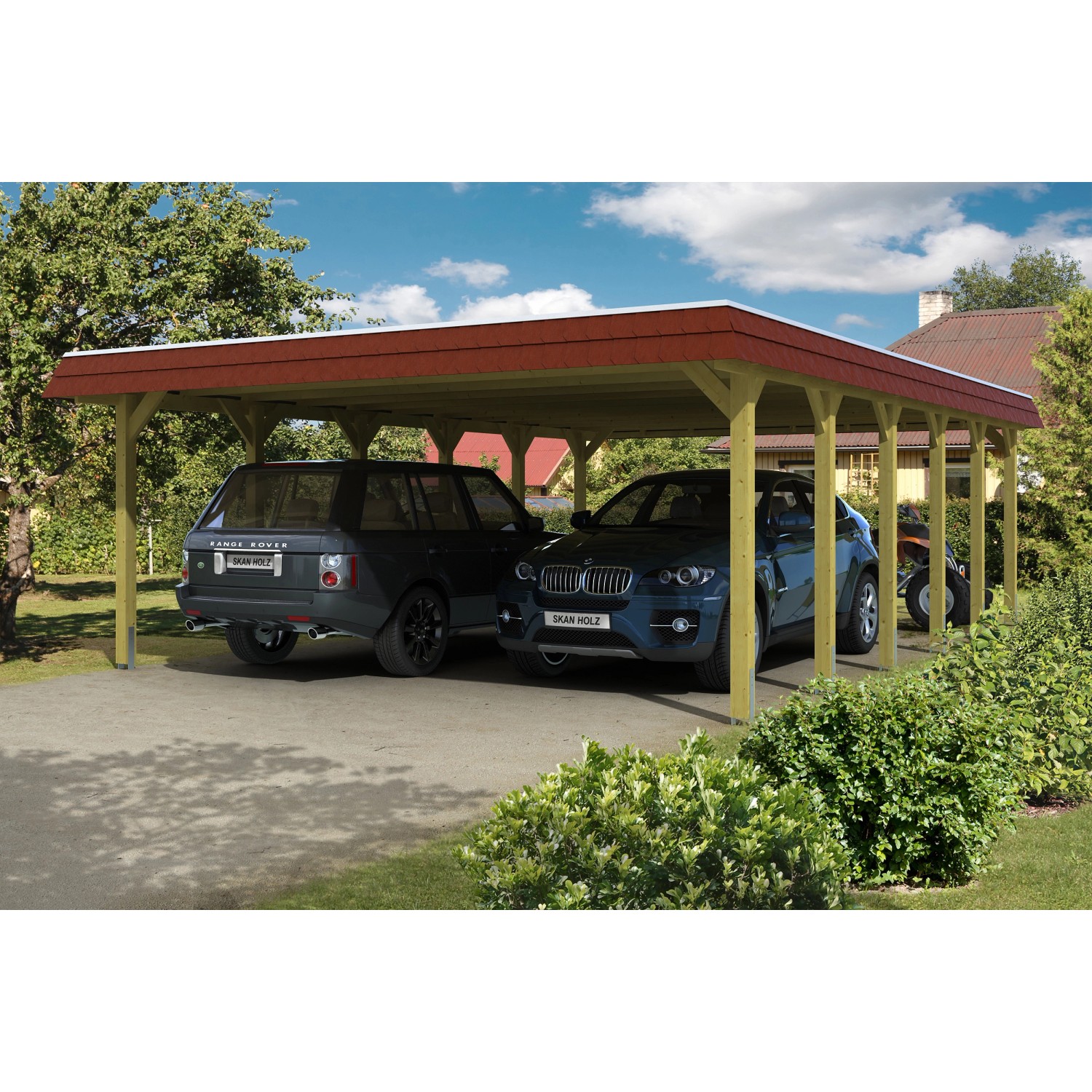 Skan Holz Walmdach-Doppelcarport Spreewald 585 cm x 893 cm Blende in Rot Skan Holz Walmdach-Doppelcarport Spreewald 585 cm x 893 cm Blende in Rot von Skan Holz