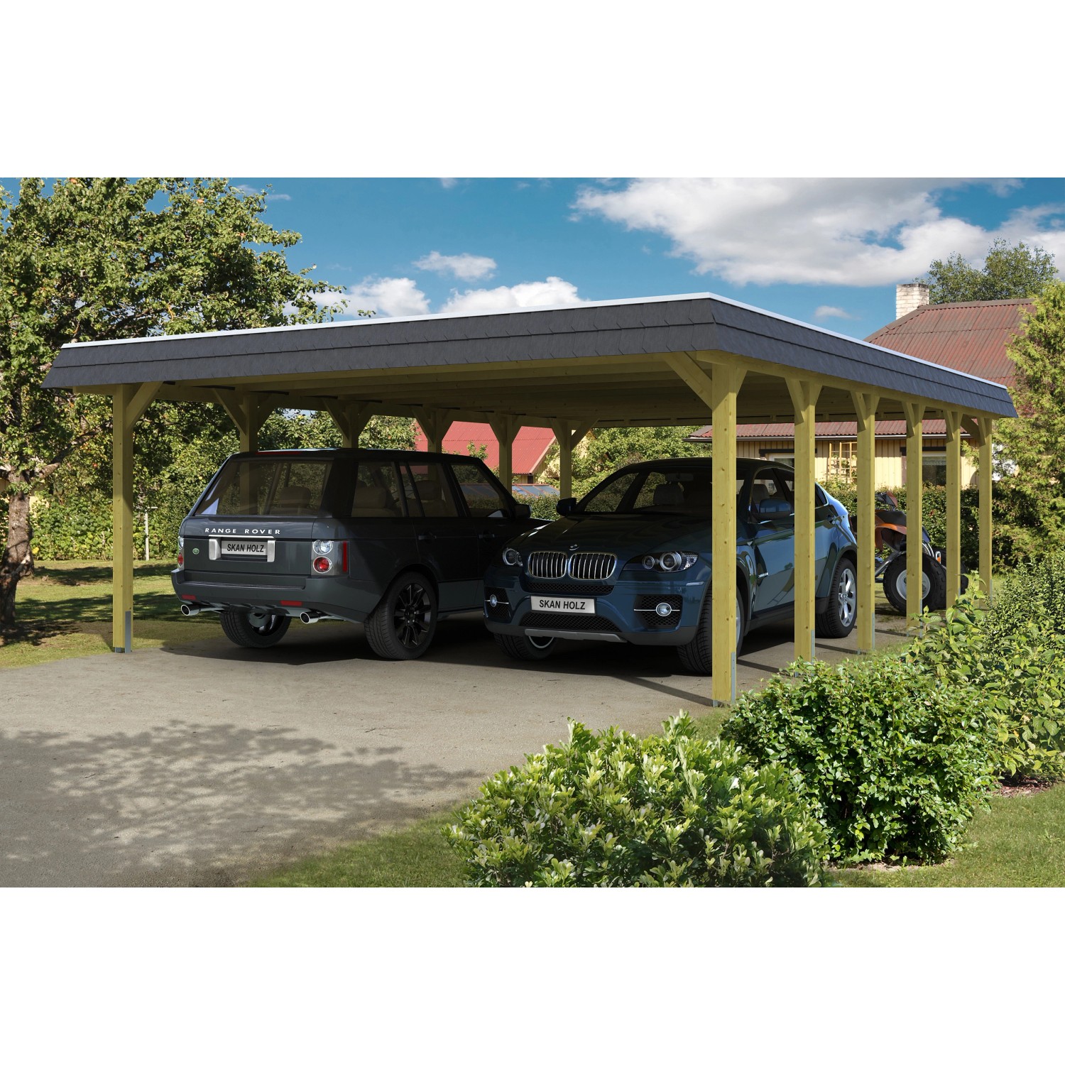 Skan Holz Walmdach-Doppelcarport Spreewald 585 cm x 893 cm Blende in Schwarz Skan Holz Walmdach-Doppelcarport Spreewald 585 cm x 893 cm Blende in Schwarz von Skan Holz