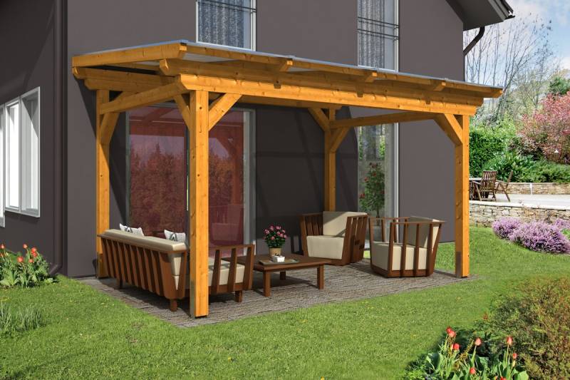 Skan Holz freistehende Terrassenüberdachung Sanremo 434x400cm eichehell von Skan Holz