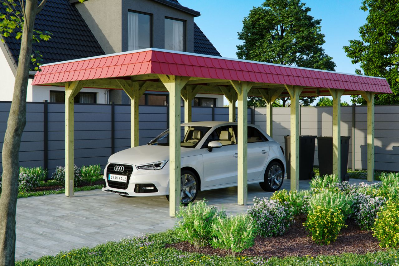 SKAN HOLZ Carport Spreewald 345 x 741 cm mit EPDM-Dach, rote Blende SKAN HOLZ Carport Spreewald 345 x 741 cm mit EPDM-Dach, rote Blende von SkanHolz