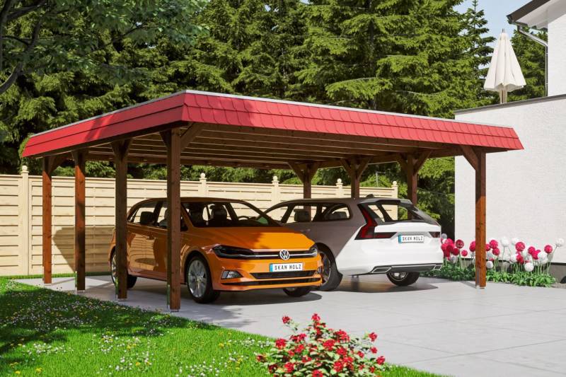SKAN HOLZ Carport Spreewald 585 x 589 cm mit EPDM-Dach, rote Blende von SkanHolz