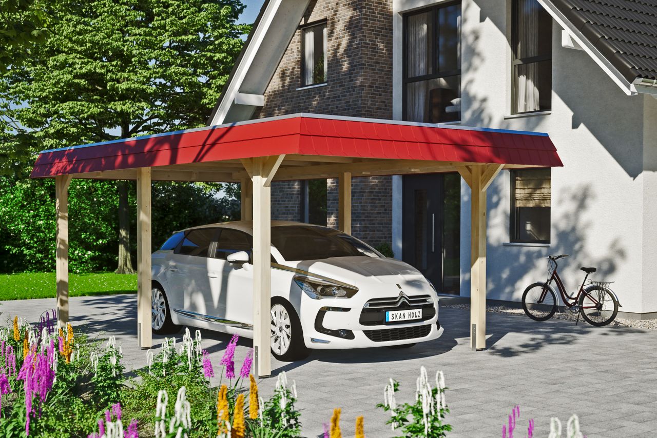 SKAN HOLZ Carport Wendland 362 x 628 cm mit Aluminiumdach, rote Blende von SkanHolz