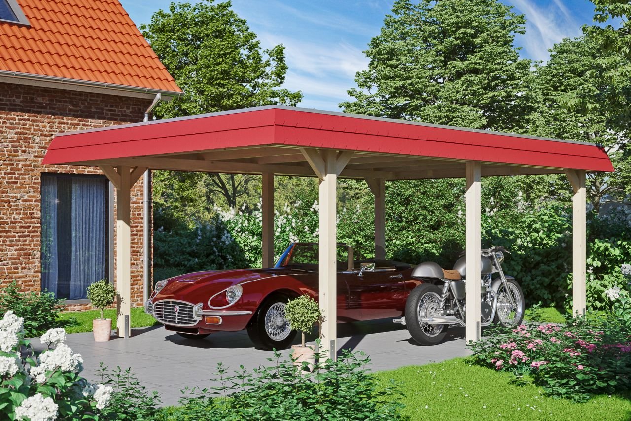 SKAN HOLZ Carport Wendland 409 x 628 cm mit Aluminiumdach, rote Blende von SkanHolz