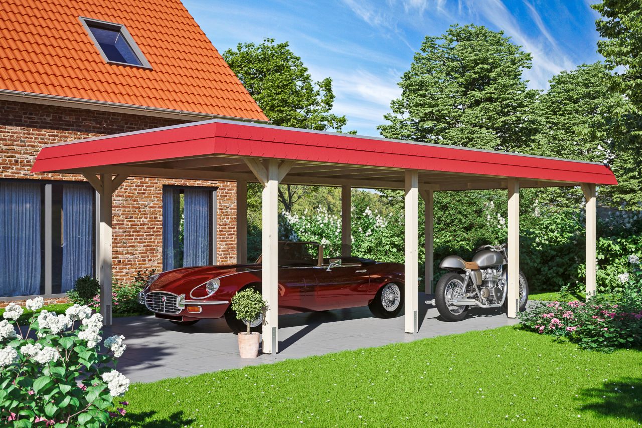 SKAN HOLZ Carport Wendland 409 x 870 cm mit Aluminiumdach, rote Blende von SkanHolz