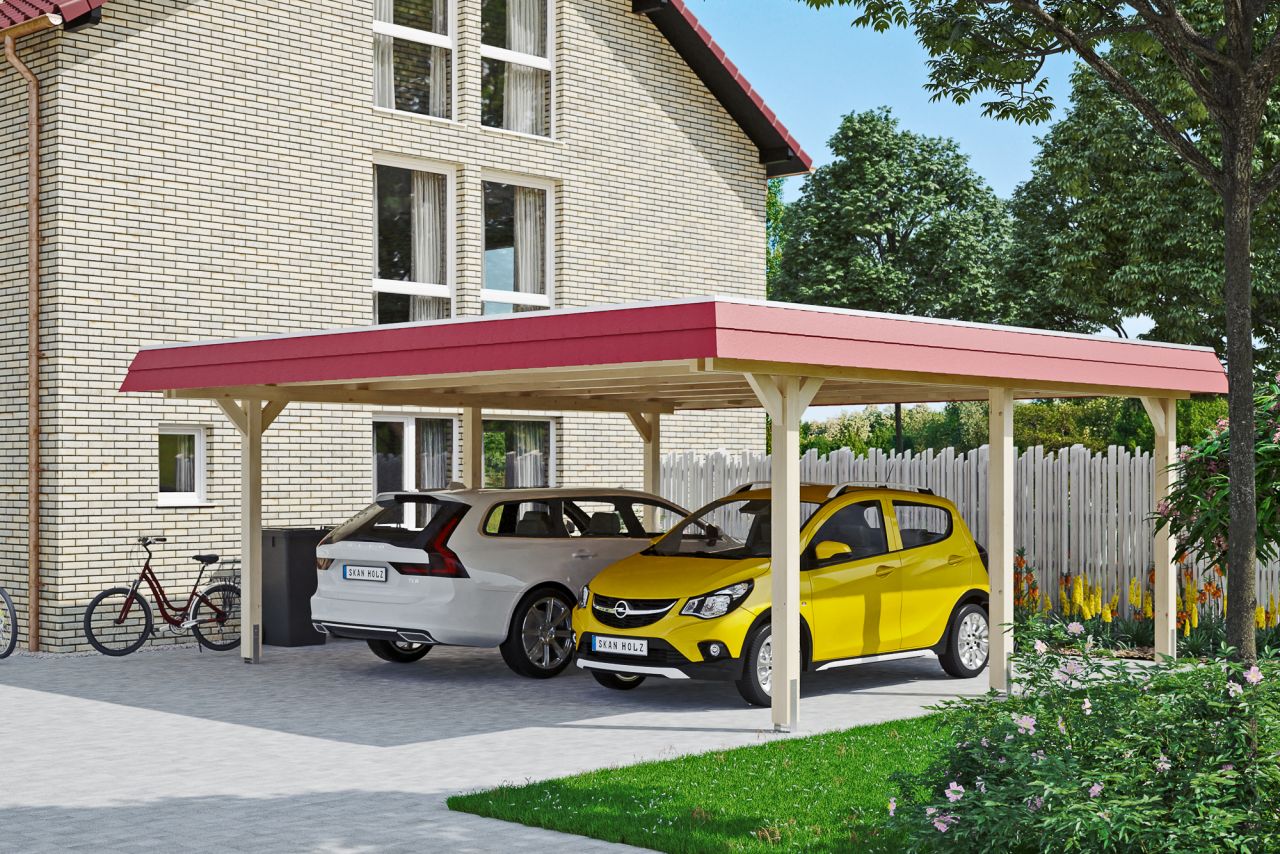SKAN HOLZ Carport Wendland 630 x 637 cm mit Aluminiumdach, rote Blende von SkanHolz