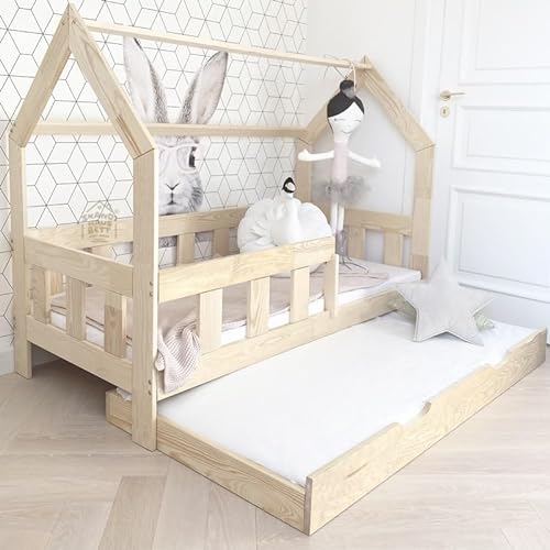 Hausbett 100x200 mit Rausfallschutz Naturholz - Milo - Kinderbett mit Bettkasten - Gemütlich Rausfallschutz Bett für Kinderzimmer - Kinderbett mit Bettkasten - Stabiles Kinderbett Mädchen von Skandi Hausbett