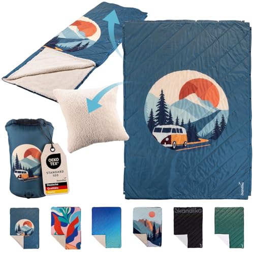 Skandika Campingdecke Liva | 4-in-1 Outdoor Decke, 200 x 135 cm, Überwurf, Schlafsack, Kissen, mit Teddyfell oder Nylon Unterseite, Wattierung aus Polyester, wasserdicht (Bus | Teddyfell) von Skandika