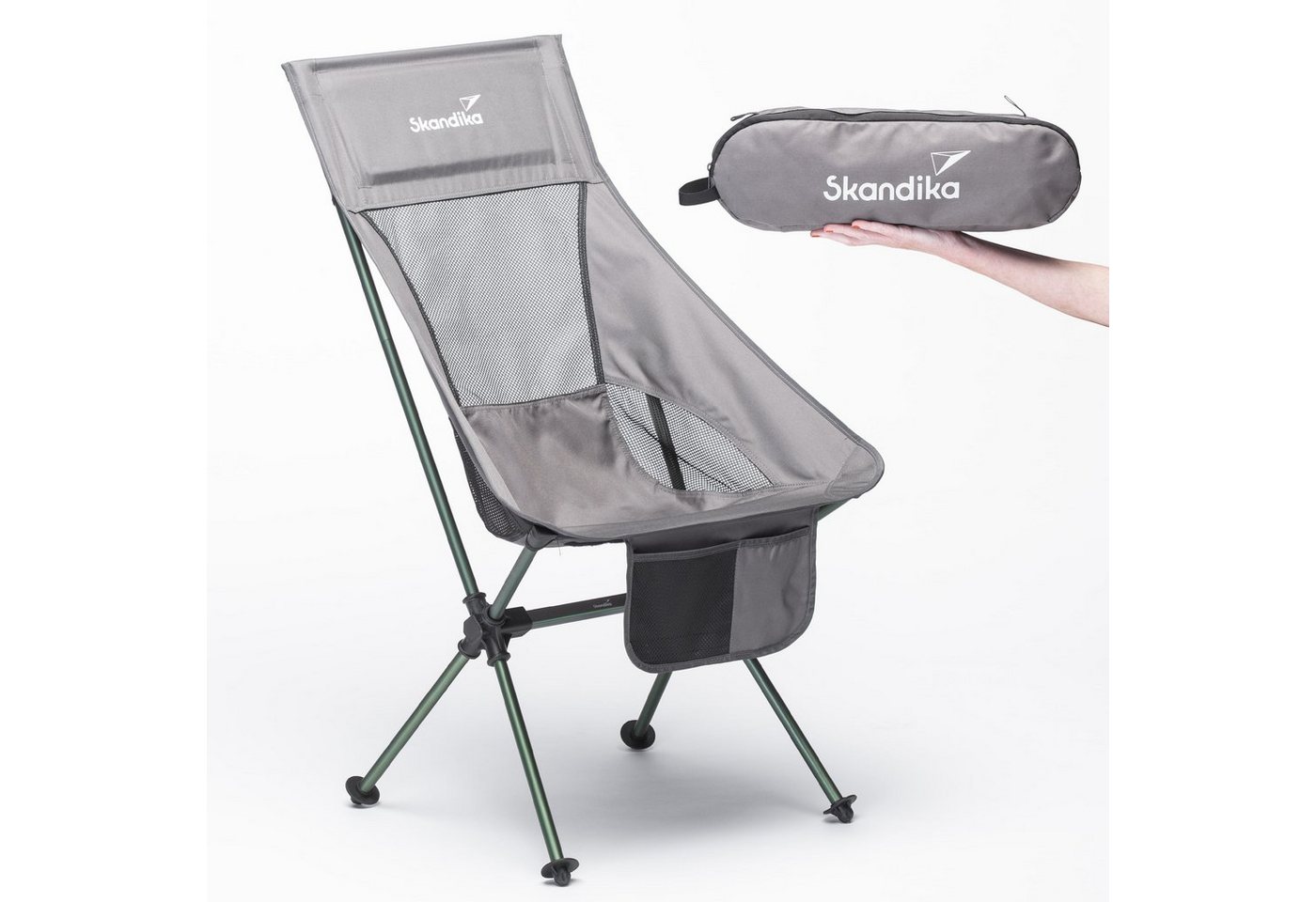 Skandika Campingstuhl Compact grau/grün (mit praktischer Transporttasche, Organizertasche, belastbar bis 150Kg), Outdoor, Campingstuhl, Anglerstuhl von Skandika