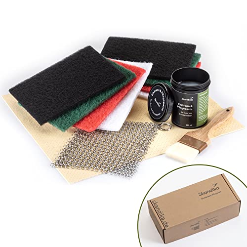 Skandika Dutch Oven Gusseisen Pflegeset | Zubehör Einbrennpaste/Pflegepaste, Ringreiniger, Pinsel, Tuch, Schleifvliespads Gusseisen Topf, Pfanne, Bräter | Pflege Set BBQ Grillzubehör Feuertopf von Skandika