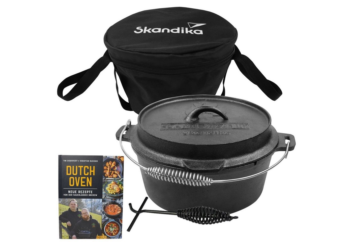 Skandika Grilltopf Dutch Oven Flame Master, Gusseisen (robust, voreingebrannt, Multifunktionsdeckel, Camping, Outdoor, Festival, Angeln, BBQ, Grillen), 7,1 Liter, ohne Füße, Gusseisen Topf von Skandika