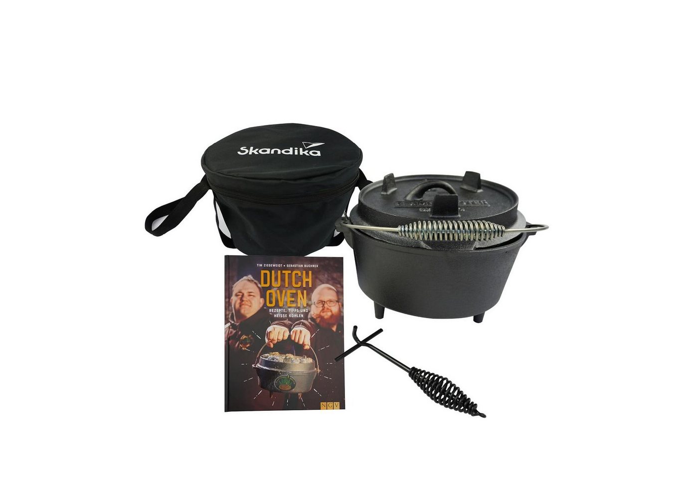 Skandika Grilltopf Dutch Oven Flame Master, Gusseisen (robust, voreingebrannt, Multifunktionsdeckel, Camping, Outdoor, Festival, Angeln, BBQ, Grillen), 5,1 Liter, mit Füßen, Gusseisen Topf zum Kochen von Skandika