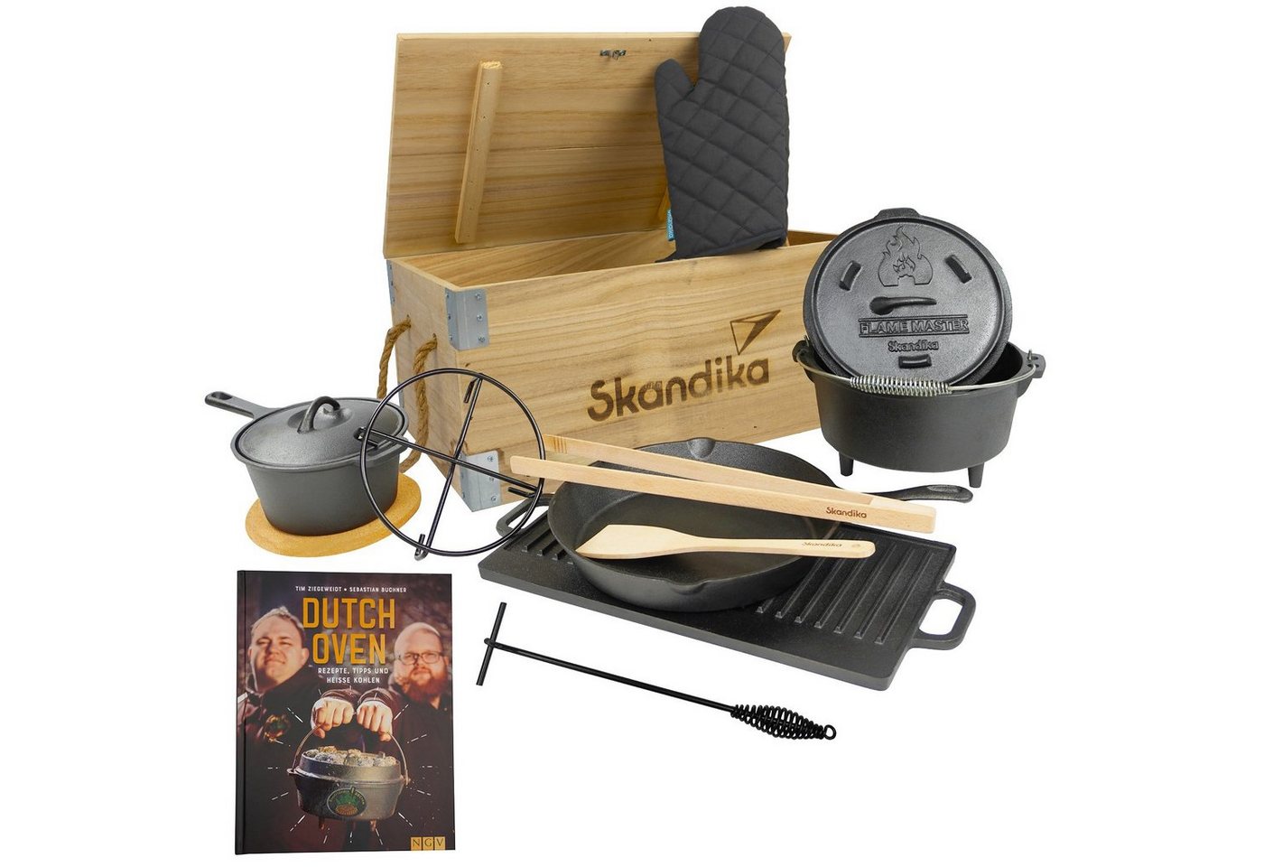 Skandika Grilltopf Dutch Oven Set Flame Master in Holzkiste, 11-teilig, inkl. Rezeptbuch der Sauerländer BBCrew von Skandika