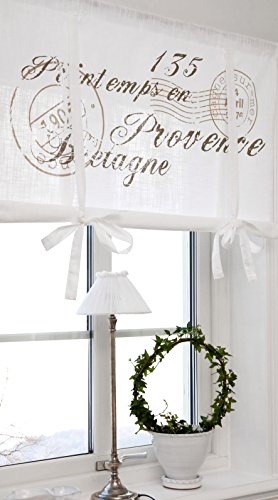 Scheibengardine Raff Gardine Raffrollo Vorhang 'Bretagne' 120 x 100 cm (BxH) weiß mit Stempel Aufdruck in beige sand Baumwolle Landhaus Shabby French Vintage Retro Antik Nostalgie von Skandinavisch Französisch Design