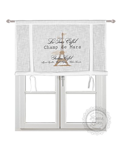 Scheibengardine Raff Gardine Raffrollo Vorhang 'Eiffel' 140 x 120 cm (BxH) weiß mit Stempel Aufdruck in beige schwarz Baumwolle Landhaus Shabby French Vintage Retro Antik Nostalgie von Skandinavisch Französisch Design