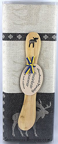 Skandinavisk Hemslöjd Geschenkset schwedisches Holzmesser(Laser-Cut) u. Handtuch (beige/grau Elch) von Skandinavisk Hemslöjd