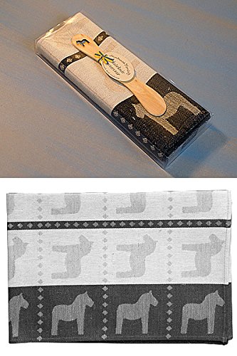 Skandinavisk Hemslöjd Geschenkset schwedisches Holzmesser(Laser-Cut) u. Handtuch (grau) Dalapferd von Skandinavisk Hemslöjd