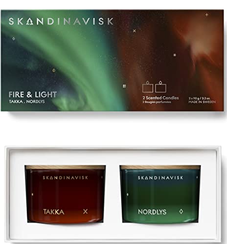 Skandinavisk Geschenkset mit 2 Duftkerzen: NORDLYS 'Nordlichter', TAKKA 'Feuerstelle' Duftkerze. Vegan. FSC-zertifizierte Verpackung. 90 g (2er-Pack) von Skandinavisk