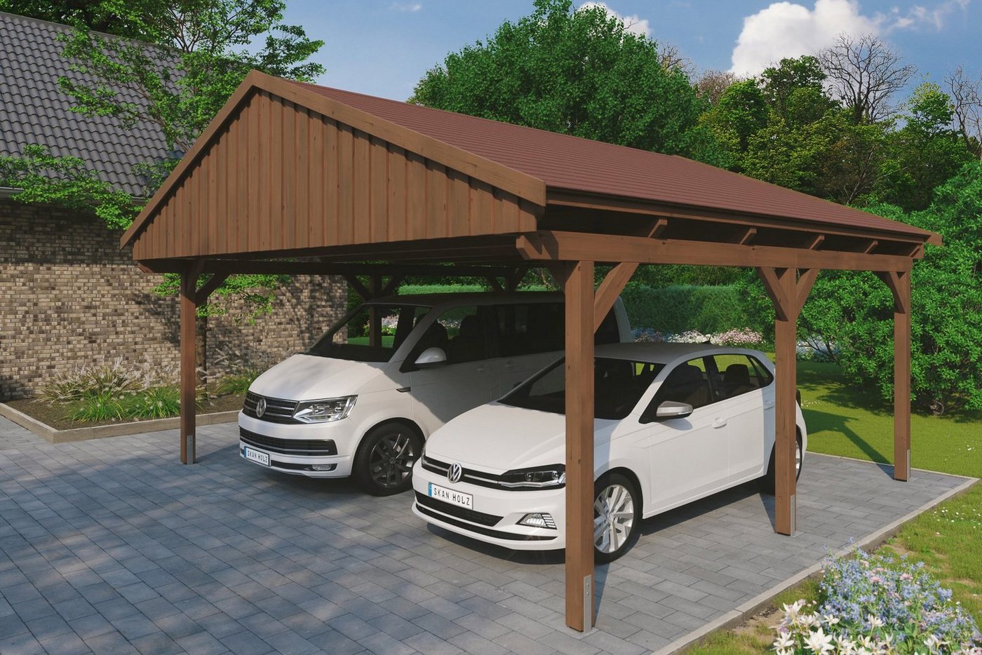 Skanholz Doppelcarport Fichtelberg, BxT: 618x566 cm, 574 cm Einfahrtshöhe, mit roten Schindeln von Skanholz