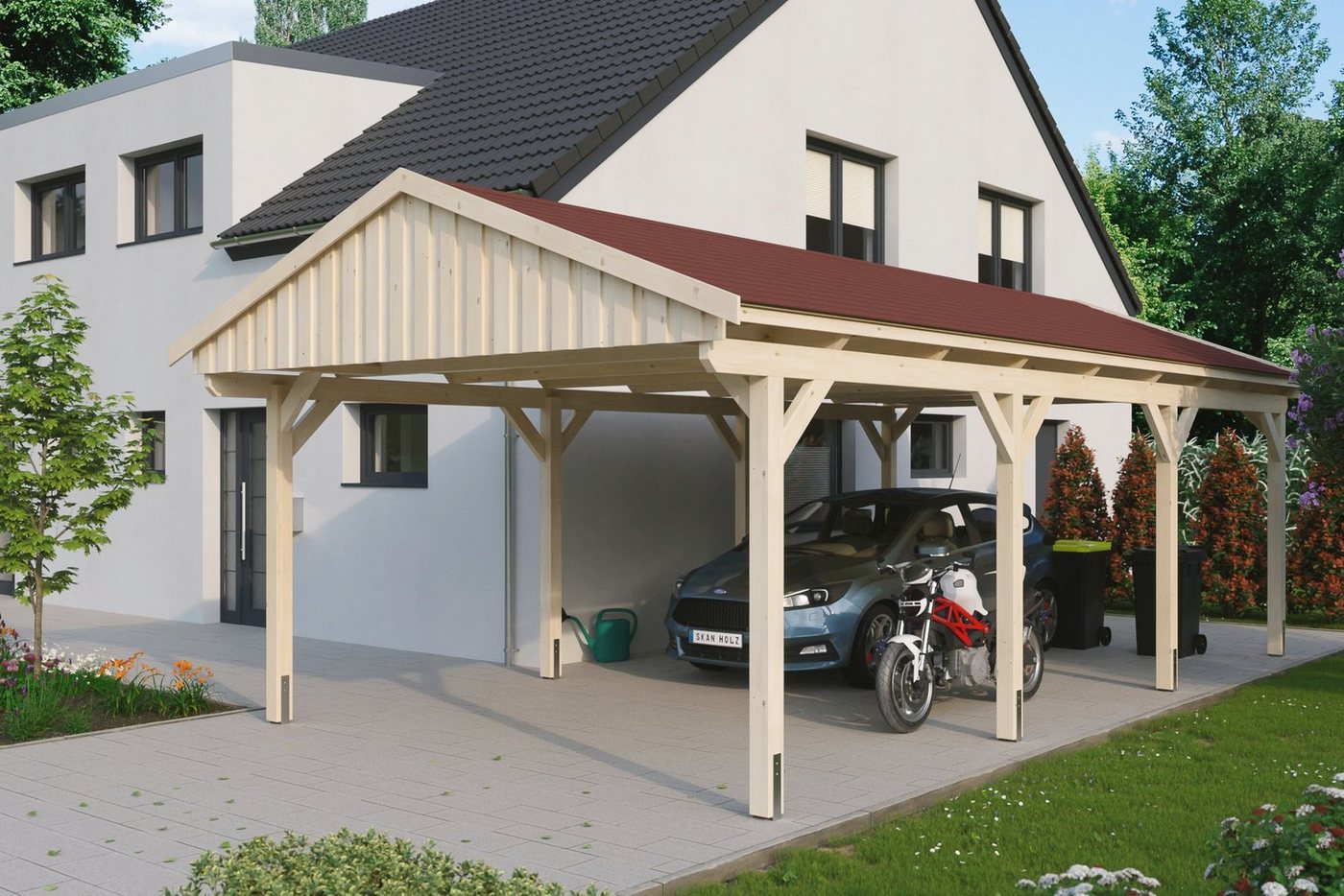 Skanholz Einzelcarport Fichtelberg, BxT: 423x808 cm, 379 cm Einfahrtshöhe, mit roten Schindeln von Skanholz