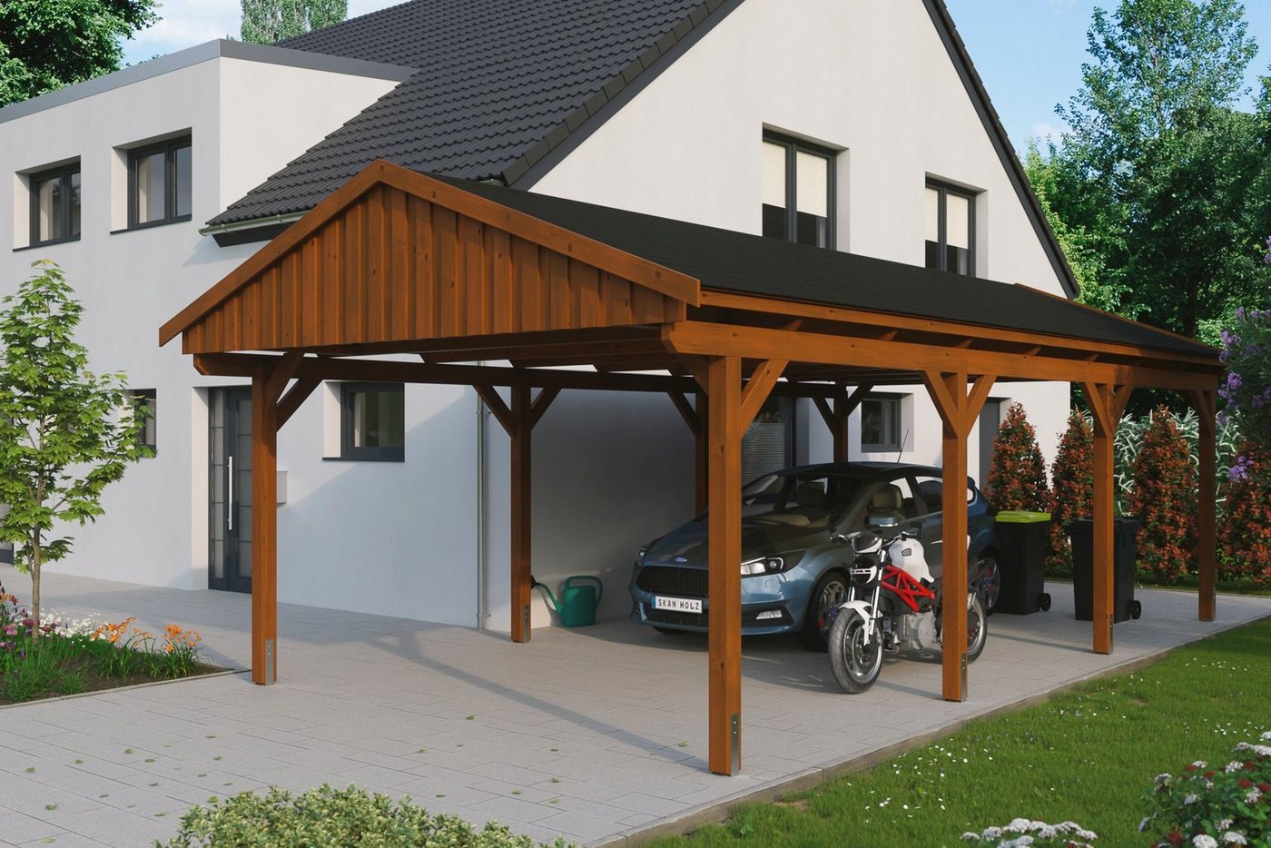 Skanholz Einzelcarport Fichtelberg, BxT: 423x808 cm, 379 cm Einfahrtshöhe, mit schwarzen Schindeln von Skanholz