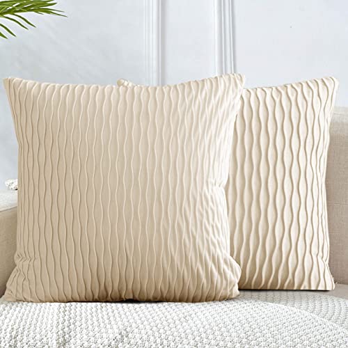 2er Set Samt Kissenbezug 50x50 Beige, Sofakissen Solid Dekorative Quadratische Kissenhülle für Sofa Schlafzimmer Geometrische von Skcess