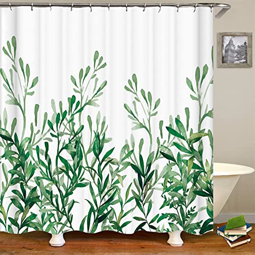 Duschvorhang 120x180 Shower Curtain， Duschvorhang Antischimmel Duschvorhang Blätter Blumen Badvorhang Weiß Grün Textil Duschvorhang Wasserdicht von Skcess
