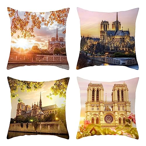 Skcess 4er Kopfkissenbezug 45x45cm, Kopfkissenbezug Braun Notre Dame De Paris Gebäude Und Baum Polyester Kissenbezug Deko Wohnzimmer Schlafzimmer von Skcess