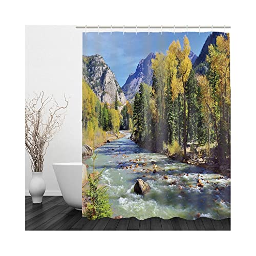 Skcess Duschvorhang 180x180, Polyester Duschvorhang Orange Grün Blau Braun Duschvorhang Wasserdicht Tiefer Gebirgsfluss Duschvorhang Antischimmel von Skcess