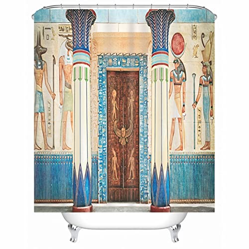 Skcess Duschvorhang Textil Blau, Polyester Duschvorhang Wasserdicht Ägyptischer Stil Anti Schimmel Duschvorhang 90x180CM von Skcess