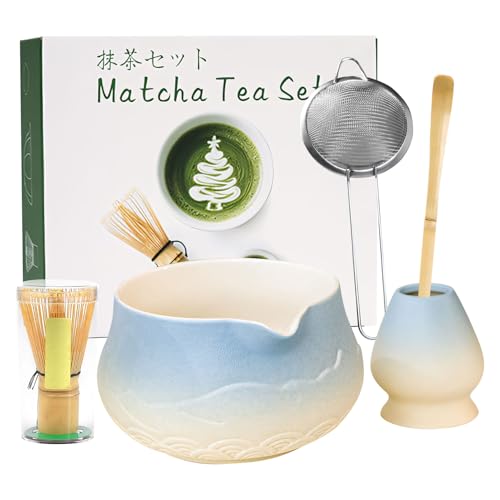8er Matcha Set Rosa,Keramik Macha Tea Set mit mit Matcha Bowl Chasen Whisk Holder Chashaku Sieve Löffelhalter Geschirrtuch Traditionelle Japanisches Tee-Set Matchaset für Teeliebhaber (5, Blau) von Skeadex
