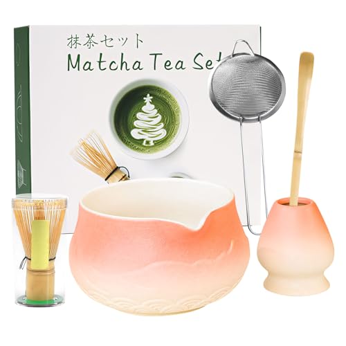 8er Matcha Set Rosa,Keramik Macha Tea Set mit mit Matcha Bowl Chasen Whisk Holder Chashaku Sieve Löffelhalter Geschirrtuch Traditionelle Japanisches Tee-Set Matchaset für Teeliebhaber (5, Rosa) von Skeadex