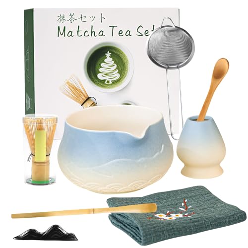 8er Matcha Set Rosa,Keramik Macha Tea Set mit mit Matcha Bowl Chasen Whisk Holder Chashaku Sieve Löffelhalter Geschirrtuch Traditionelle Japanisches Tee-Set Matchaset für Teeliebhaber (8, Blau) von Skeadex