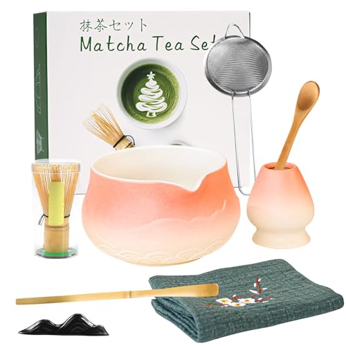 8er Matcha Set Rosa,Keramik Macha Tea Set mit mit Matcha Bowl Chasen Whisk Holder Chashaku Sieve Löffelhalter Geschirrtuch Traditionelle Japanisches Tee-Set Matchaset für Teeliebhaber (8, Rosa) von Skeadex